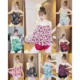 Set Đồ Ngủ 2 Dây Sexy Chất Liệu Voan Phối Quần Lụa Satin freesize dưới 60kg - Đồ mặc nhà 2 dây sexy quyến rũ.