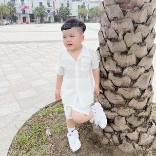 Bộ công tử bé trai, Set Áo sơ mi ngắn tay cổ vest túi ngực và quần short cạp chun chất đũi cho bé từ 7-18 kg, SUN KID'S