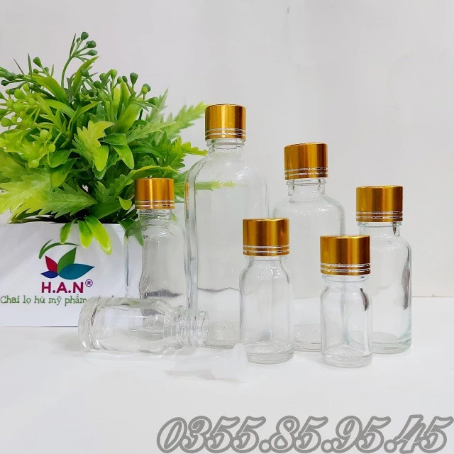 Chai thủy tinh TRONG nắp VẶN VÀNG 5ml 10ml 15ml 20ml 30ml 50ml 100ml - Lọ đựng GINGER SHOTS, serum, tinh dầu, mỹ phẩm.