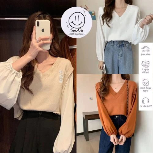 Áo Len Cổ V Phăng Tay Voan Tay Dài Hàng Quảng Châu | Smide Clothing