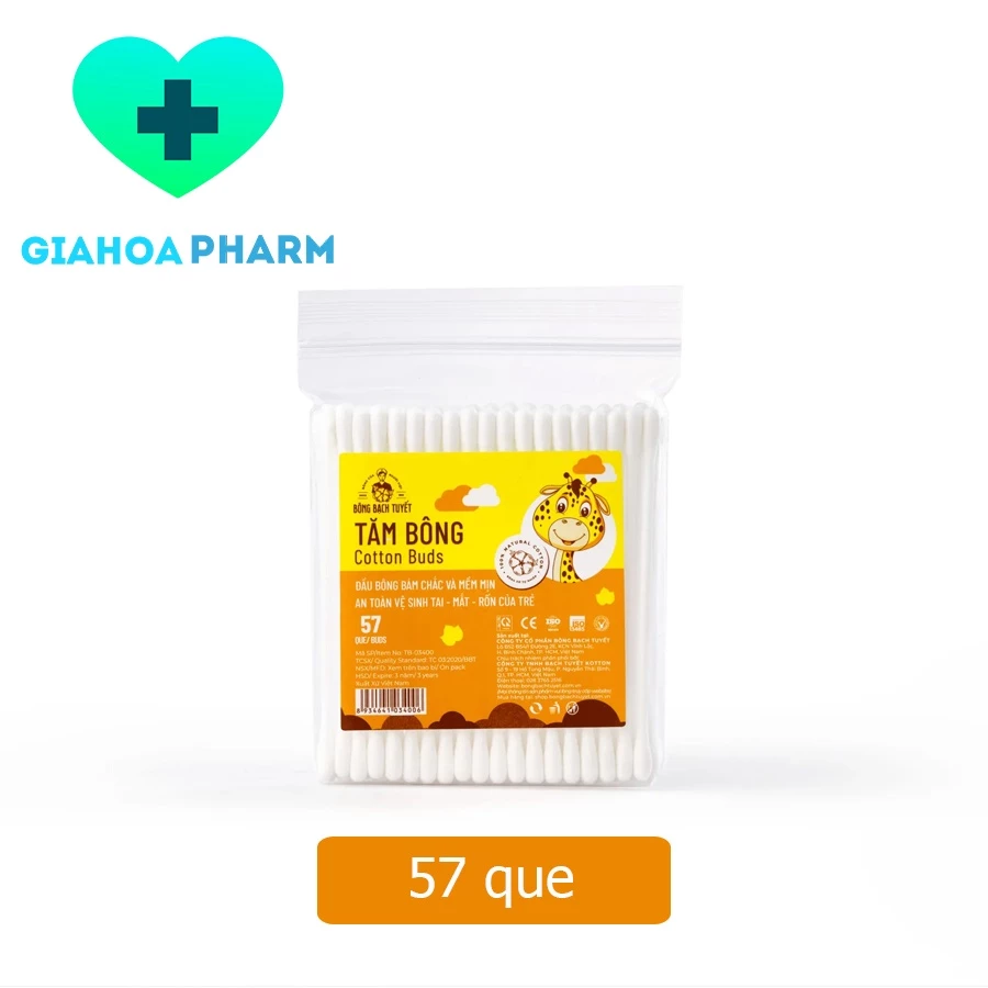 Tăm bông Bông Bạch Tuyết (Trẻ em) - Gói 57 que đầu tròn nhỏ (lấy ráy, ngoáy tai, vệ sinh rốn, mắt, mũi, trang điểm)