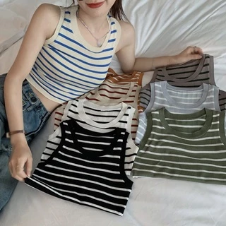 Áo Croptop Sát Nách Cổ Tròn Dáng Ôm In Họa Tiết Kẻ Sọc Thời Trang Mùa Hè Cho Nữ