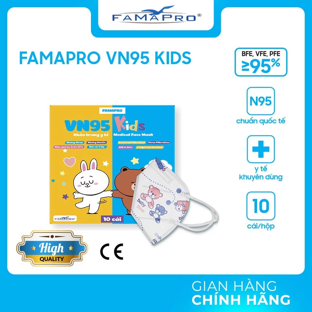 Khẩu trang vn95 cho bé FAMAPRO NAM ANH 4 lớp giấy kháng khuẩn(hộp 10c)