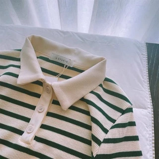 𝗺𝗶𝗲 𝘀𝘁𝘂𝗱𝗶𝗼 - HÀNG CÓ SẴN T-shirt polo green áo có cổ phối sọc be xanh phong cách nhật thường