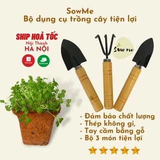 Bộ dụng cụ làm vườn mini (bộ 3 món) SowMe bằng thép không gỉ - cán gỗ chắc chắn, dùng cho cây cảnh, sen đá, xương rồng