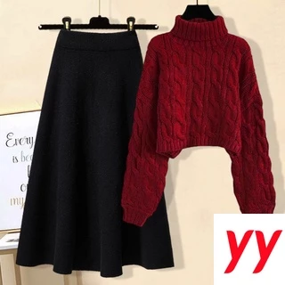 Bộ Áo Sweater Cổ Cao + Chân Váy Ôm Dáng Phong Cách Hàn Quốc Thời Trang Mùa Thu 2022 Plus Size Cho Nữ