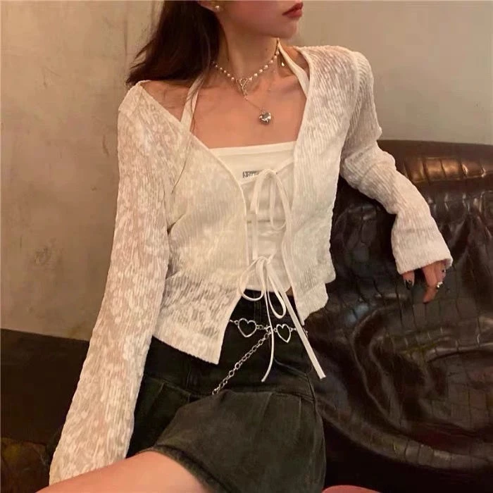 Áo khoác cardigan COZOK tay dài màu trơn cột dây thời trang cho nữ