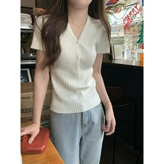 72776 Slim-fit Sang Trọng Cổ Chữ v Ôm Hơn Nhìn Dệt Kim Tay Ngắn Top Nữ