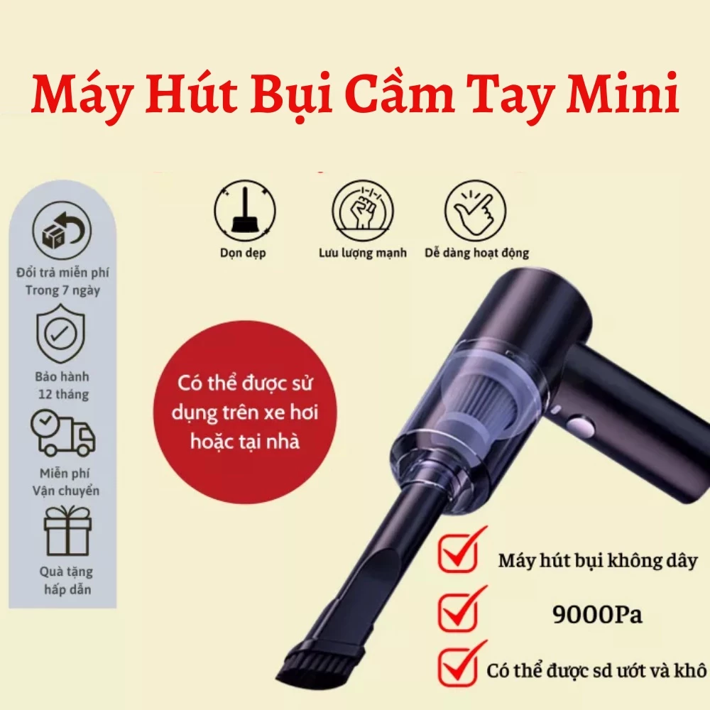 Máy Hút Bụi Cầm Tay Mini Không Dây Hút Bụi Ô Tô, Bụi Giường Tiện Lợi