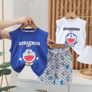 Bộ Áo Thun Không Tay In Hình Doraemon + Quần Short Cotton Thời Trang Mùa Hè Cho Bé Kích Thước 80-120cm