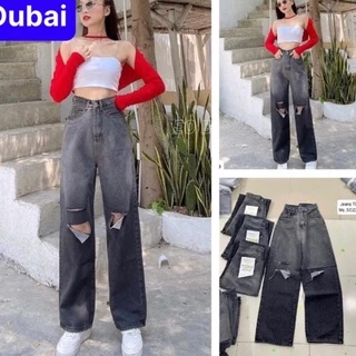 QUẦN JEANS CHẤT BÒ, ỐNG SUÔNG RỘNG RÁCH LOANG 2 MÀU ĐEN CẠP CAO DÀI CHÂN SIÊU TÔN DANG HOT TREND 2022 - DUBAI FASHION