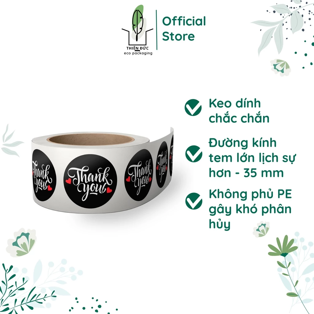 Combo 300 tem thank you màu đen 35mm cuộn nhãn dán sticker cảm ơn khách hàng