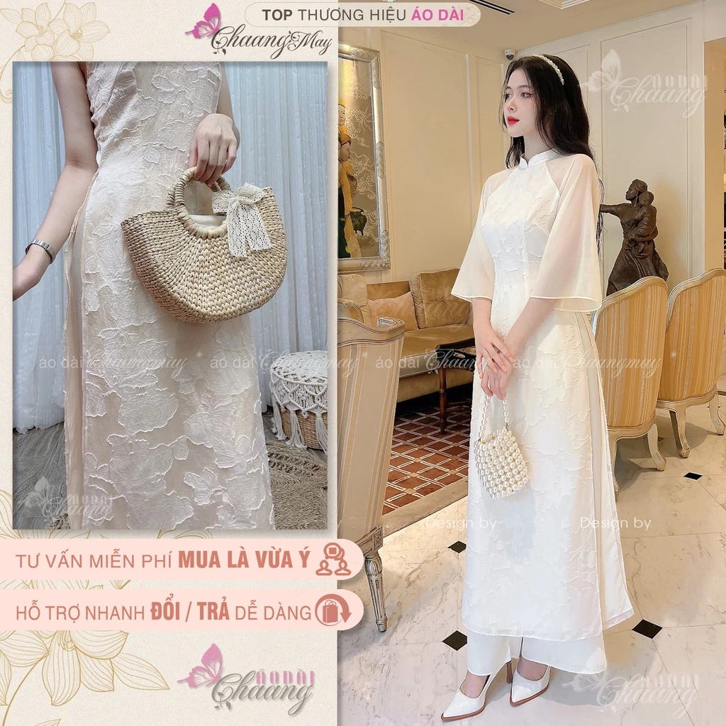 Áo Dài Cách Tân Nữ Vân Nổi Phối Tay Loe Chaang May Sẵn Họa Tiết Nổi Bật Dự Tiệc Lễ Tết Đẹp Sang Trọng
