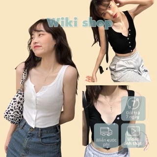 Áo croptop ba lỗ 6 cúc cài khuy freesize đen trắng phom ôm sexy hở vai không tay sát nách tôn dáng trên rốn C740