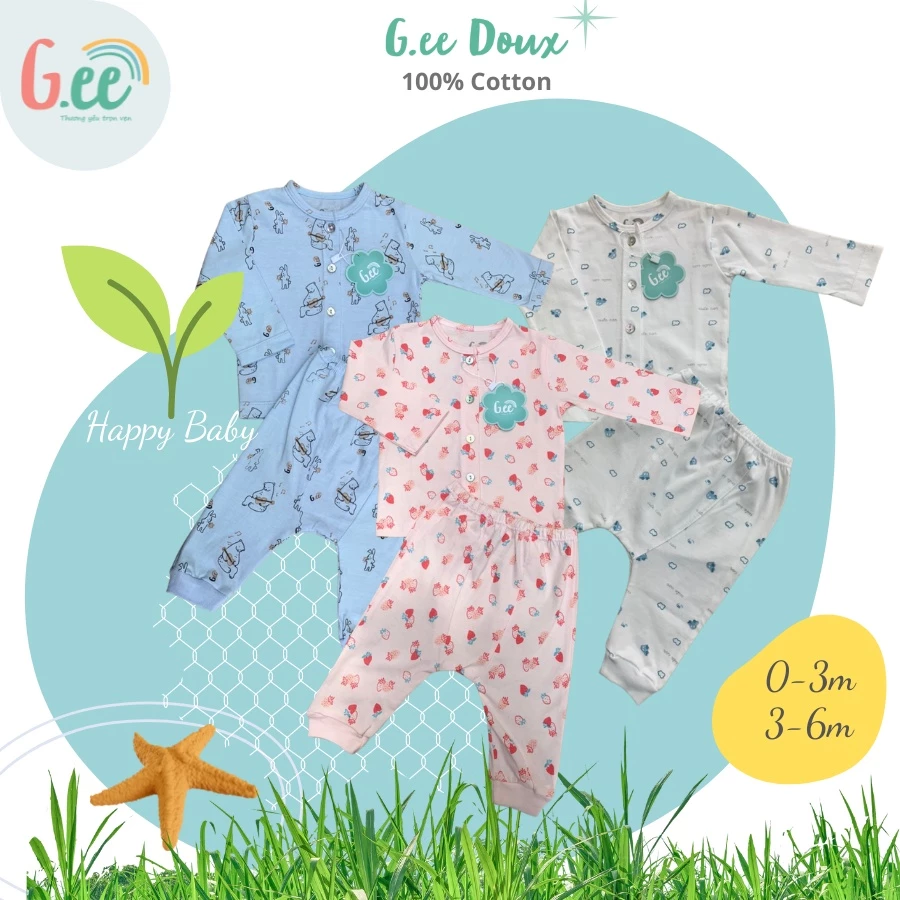 Bộ sơ sinh dài tay cài thẳng Gee, cho bé gái, bé trai chất liệu 100% cotton mềm mại