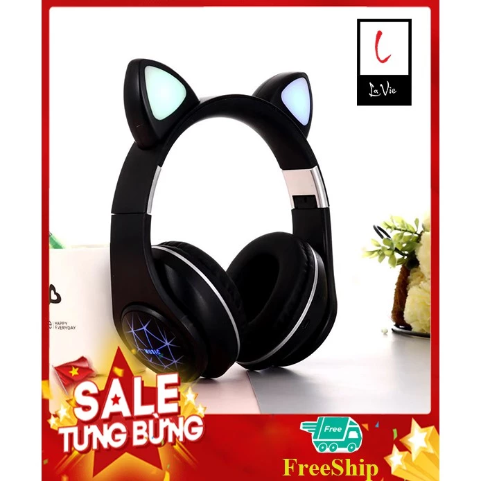 Tai Nghe Bluetooth Tai Mèo Phát Sáng Không Dây Có Mic, Bass Cực Ấm Headphone Mèo Chụp Tai Bluetooth 5.0 Dễ Thương