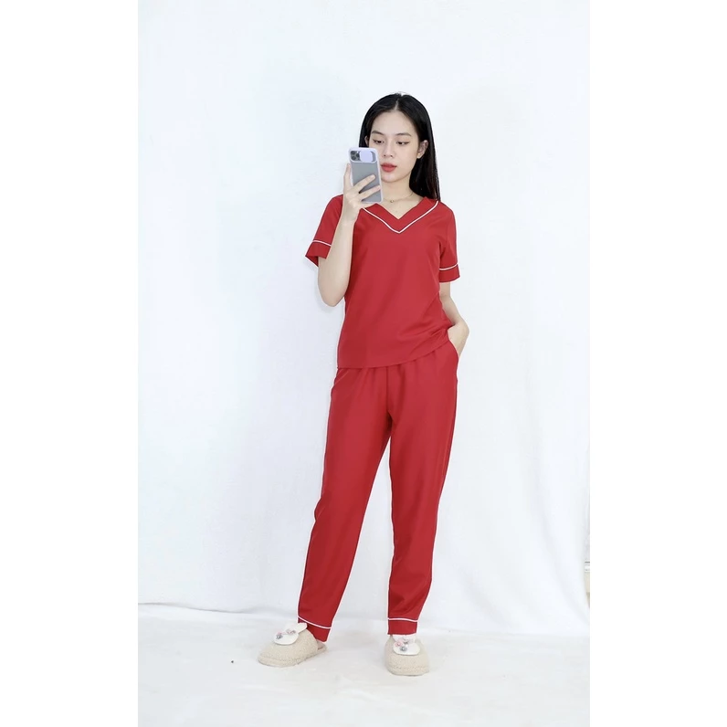 Pijama nữ mặc nhà P8 ĐỎ ĐÔ  set đồ bộ tay ngắn quần dài cổ tim phối viền cực xinh