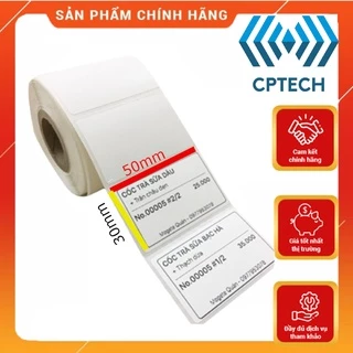 Tem trà sữa , tem dán cốc trà sữa , in mã vạch khổ 50x30 mm, 800 tem, cuộn 25m