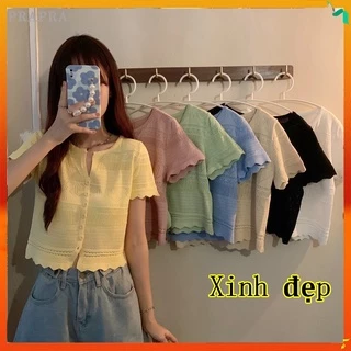 Áo Croptop Dệt Kim Tay Ngắn Phối Ren Thời Trang Cho Nữ