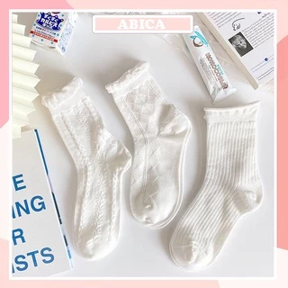 Tất nữ cổ cao vớ chân dài màu trắng tinh khôi vải cotton Hàn siêu mềm co giãn bốn chiều thoáng khí ABICA T101