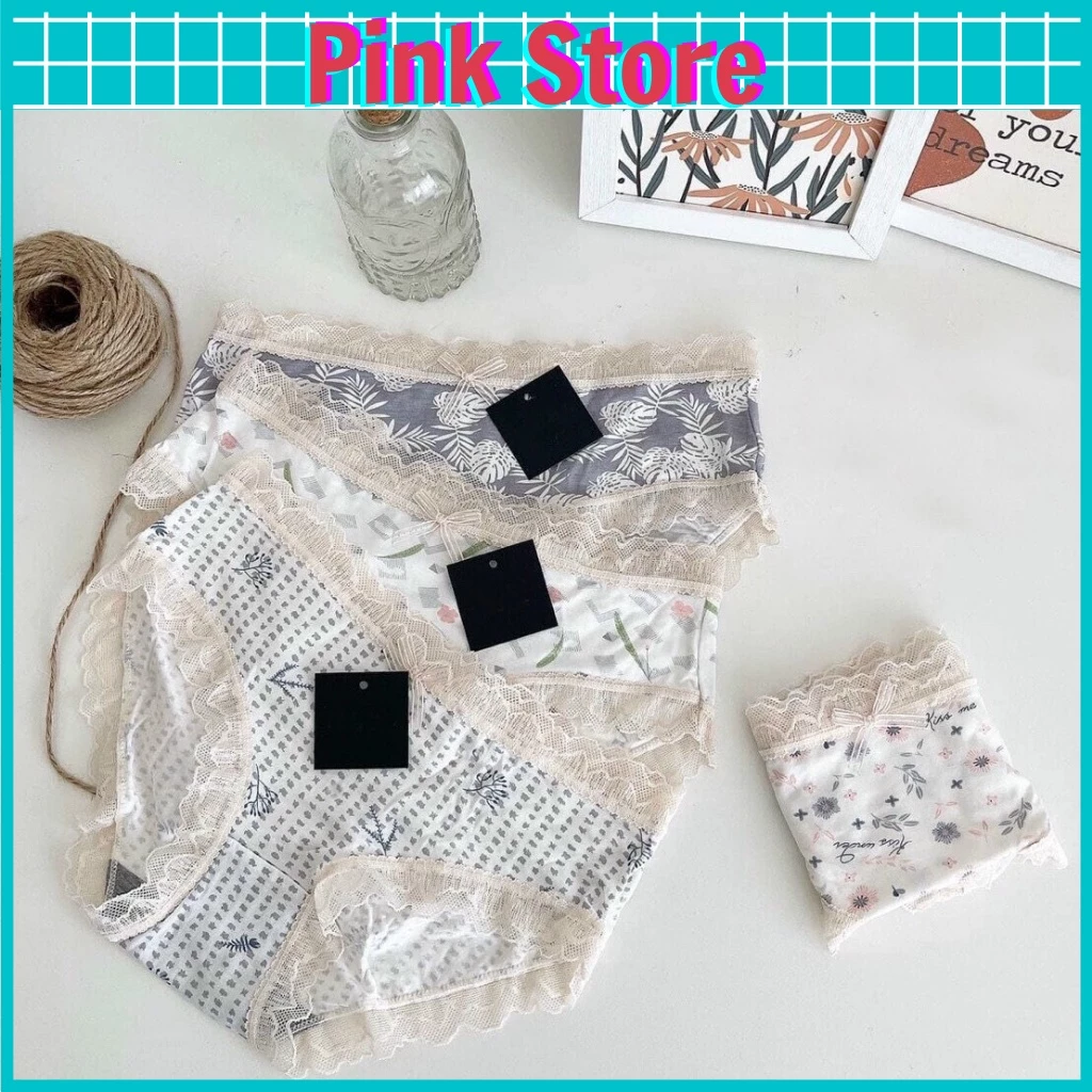 Quần Lót Nữ Cotton Kháng Khuẩn Cạp Thấp Viền Ren Mềm Mại Co Giãn PINK STORE QL7588