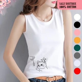 Áo thun ba lỗ nữ sát nách cotton 4 chiều in con mèo CAT-SALLY-SN105, mặc đẹp tôn dáng, kết hợp với nhiều trang phục khác