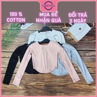 Áo croptop tay dài khoét eo nữ đẹp OZENKA ,  áo crt ôm body vạt bầu thun gân 100% cotton size dưới 52 cân nhiều màu