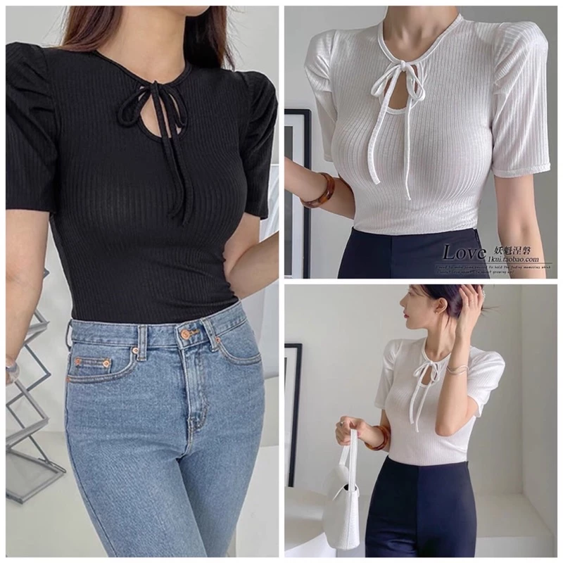 Áo kiểu croptop tay ngắn chít bồng phối buộc dây cho nữ