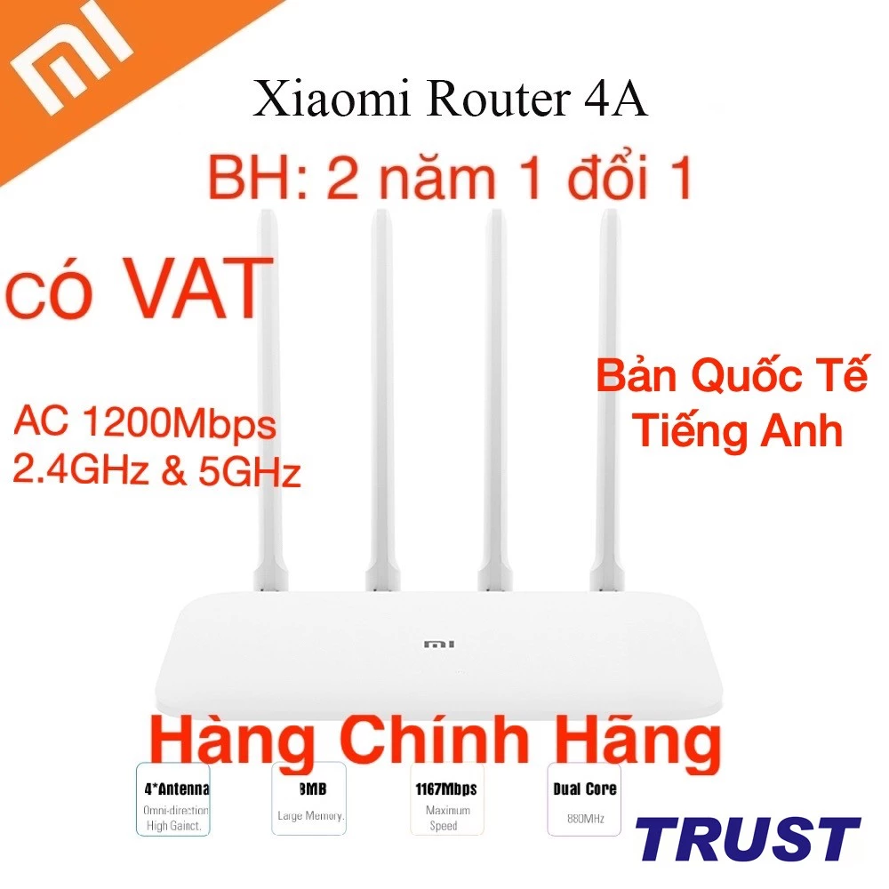 [Bản Quốc Tế] Xiaomi AC 1200Mbps Dualband Bộ Phát Wifi R4AC - Mi Router 4A - Quốc Tế Tiếng Anh-BH 2 năm 1 đổi 1