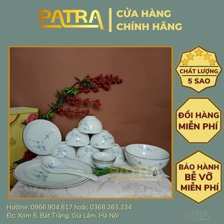 Bộ bát đĩa sứ Bát Tràng, bộ chén dĩa men kem họa tiết đào xanh cao cấp 13 chi tiết, có bán các món lẻ