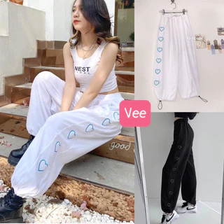 Quần jogger nữ lưng cao họa tiết nhiều tim dây rút gấu/ Quần thể thao ống rộng thời trang unisex_veestore