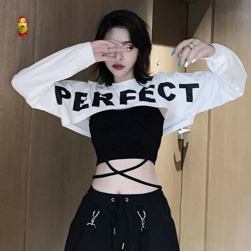 Sét áo croptop tay dài in chữ bờ phếch phối áo 2 dây quấn dây eo cực hot , chất thun coton mềm mát