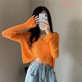 Áo Croptop Tay Dài Cổ Chữ V Dáng Rộng Phong Cách Hàn Quốc Cho Bạn Nữ