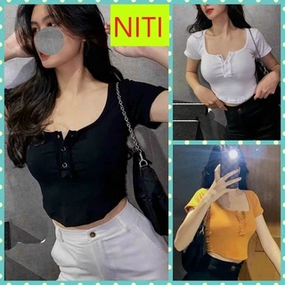 [ TÔN DÁNG ] ÁO CROPTOP KIỂU LỬNG NỮ CỔ TRÒN PHỐI NÚT BẤM BẢNG BẤM NGỰC MÀU ĐEN TRẮNG VÀNG CỰC XỊN SÒ CO GIÃN THOẢI MÁI