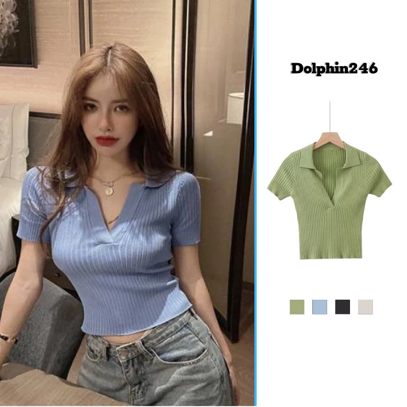 Áo croptop nữ tay ngắn có cổ kiểu polo crt sơ mi thun đẹp , phông crop top nữ nhiều màu trắng đen xanh KHÔNG CÚC S-15