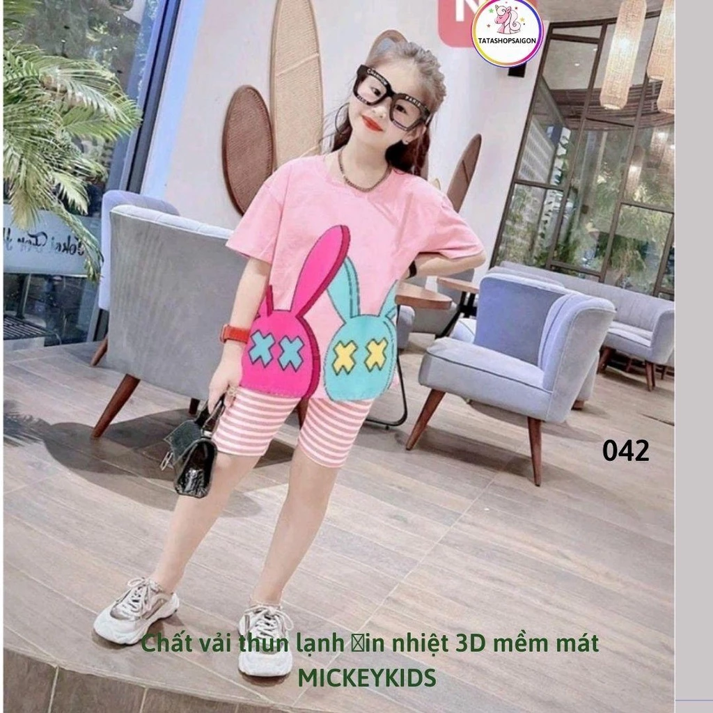 042L1 Bộ bé gái ngố lửng size đại thun lạnh in 3D mềm mát 20 đến 40kg 042