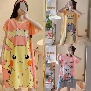 【Spot】SpotShort long dress short sleeved home wear bigsize Short Sleeve Nightgown With Cartoon Pattern Korean Style Summer Fashion For Women