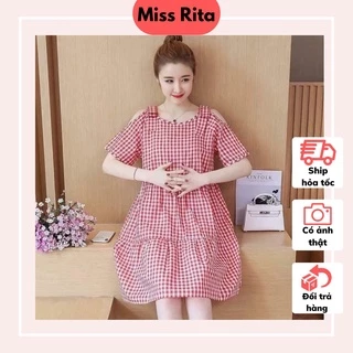 Đầm bầu thiết kế công sở MISS RITA Đầm bầu dự tiệc kẻ caro đỏ mùa hè tay khoét nơ vai 3 tầng thiết kế bởi Miss Rita