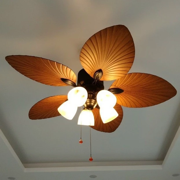 Quạt Trần Lá Cọ 5 Đèn Động Cơ Lõi Đồng Full 6 Cấp Độ Gió , Ánh Sáng Vàng Ấm, Lắp Cho Mọi Không Gian [ BH 6 Năm ]