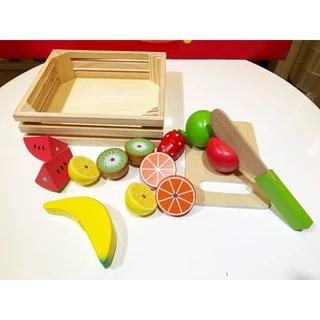 Đồ chơi cắt trái cây bằng gỗ có khay đựng, đồ chơi nhập vai cho bé an toàn, đồ chơi nấu ăn gỗ