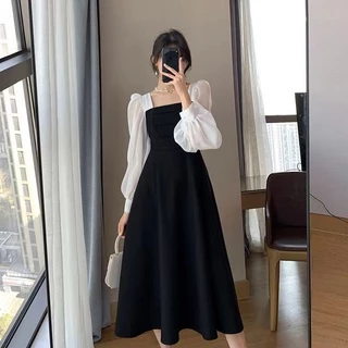 [M-4XL]Đầm Lưới Cổ Vuông Tay Dài Màu Đen Phong Cách Pháp Cổ Điển Quyến Rũ Dành Cho Nữ váy nữ bigsize dự tiệc