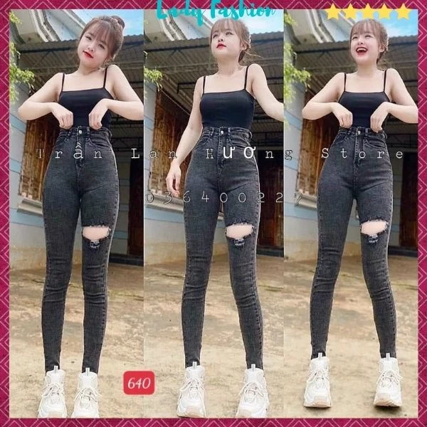 Quần jean nữ lưng cao màu xám phối rách, quần bò nữ co giãn mẫu mới form ôm dáng siêu đẹp thời trang LadyFashion-MQ640
