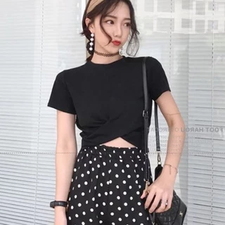 Áo croptop tay ngắn cổ tròn thiết kế khoét bụng gợi cảm thanh lịch