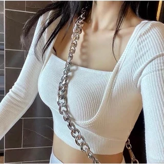 Áo croptop basic vải thun tay dài cổ vuông ôm body co giãn tốt