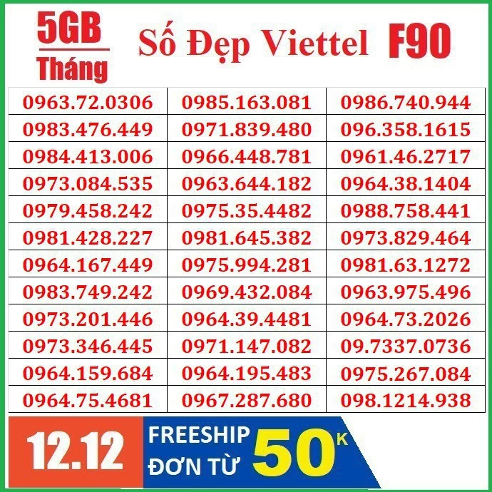 Sim Viettel 4G F90 Số Đẹp Dễ nhớ - Gói F90 Miễn Phí Nghe Gọi Nội Mạng Tặng 5GB/Tháng