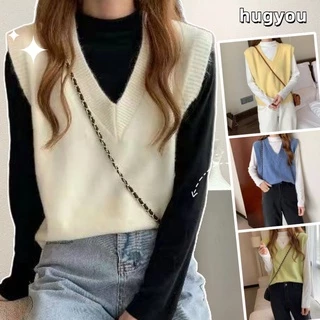 Áo sweater dáng ghi lê xẻ cổ chữ V màu trơn ôm dáng thời trang cho phái nữ