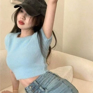 Áo Croptop Dệt Kim Tay Ngắn Vải Lông Cừu Mềm Mại Đáng Yêu Cho Nữ