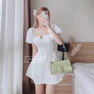 [New Sales 2024] Đầm xốp tay ngắn có dây đeo chéo cổ , đầm xòe mini mặc dễ thương sexy