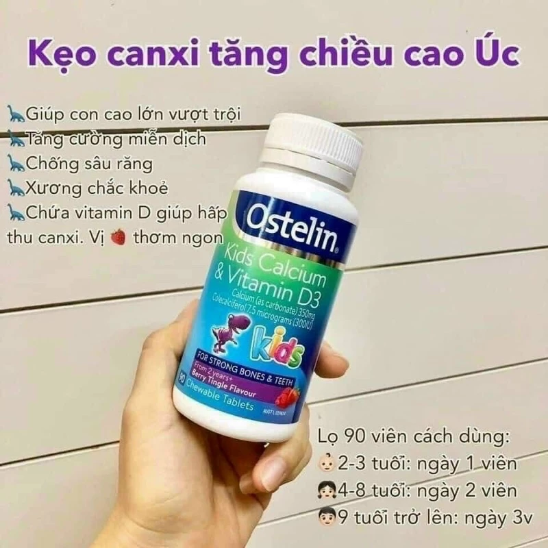 Viên Vitamin D và Canxi Ostelin Kids Khủng Long 90 viên tăng chiều cao - Hàng ÚC