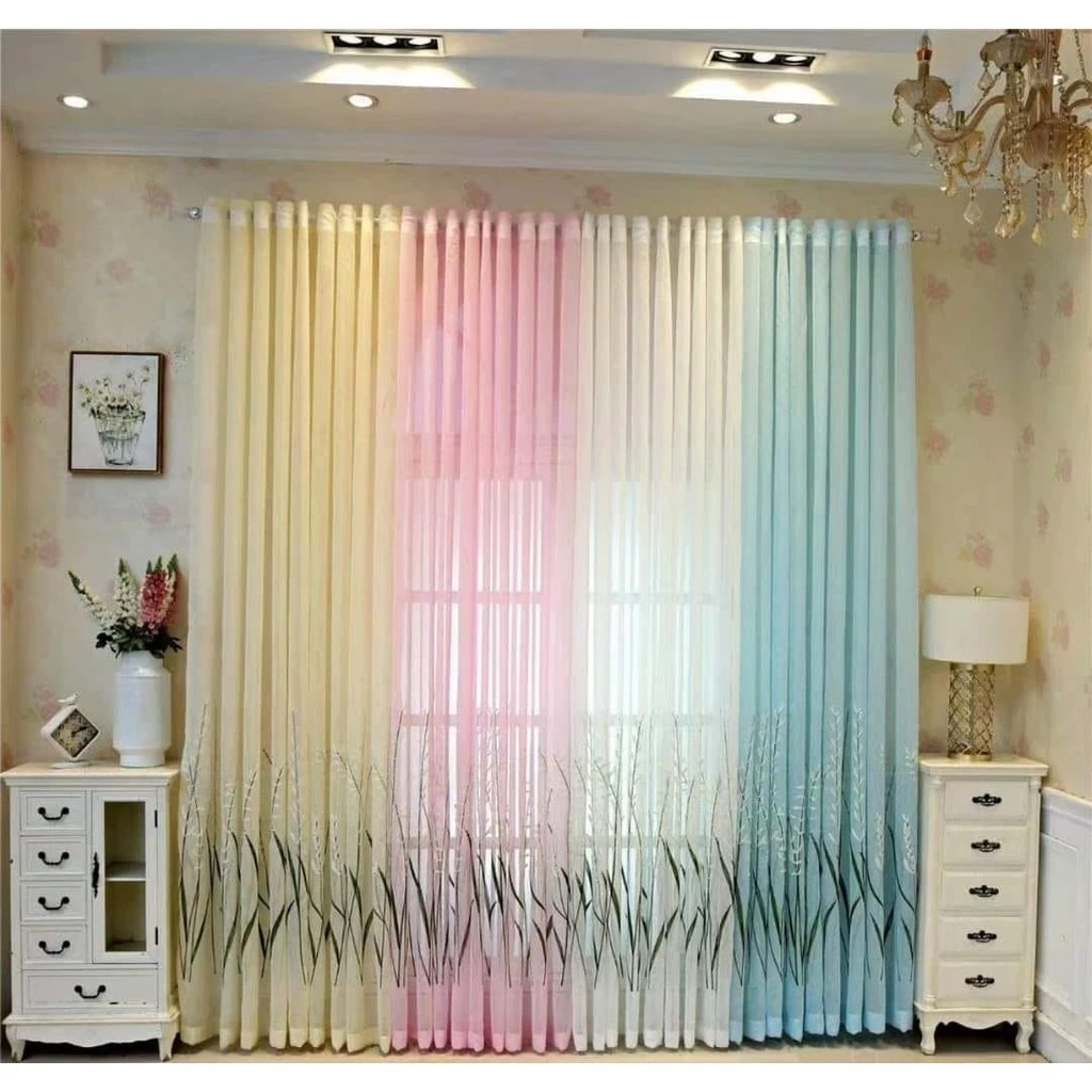 thanh lý rèm vải voan hoa màu xanh 3m cao 2m70 trẻ trung và sang chảnh